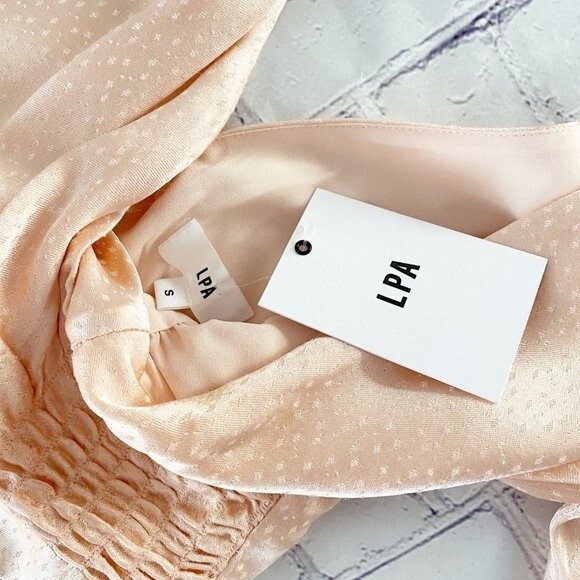 LPA Soft Blush Pink 3/4 Sleeve V Neck & Back Elettra Satin Jacquard Smocked S - Picture 12 of 13